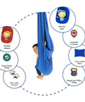 Blue 95 Percent Cotton Sensory Swing For Kids X Large Therapy Swing With Deep Pressure Support For Autism SPD And Anxiety Calming Cozy Swing With 4 Way Stretch Fabric Hardware Included, child using blue cocoon swing, 220 lb capacity