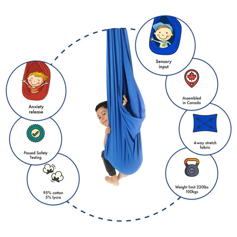 Blue 95 Percent Cotton Sensory Swing For Kids X Large Therapy Swing With Deep Pressure Support For Autism SPD And Anxiety Calming Cozy Swing With 4 Way Stretch Fabric Hardware Included, child using blue cocoon swing, 220 lb capacity