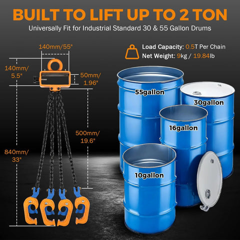 BEAMNOVA 2-ton chain drum lifter with four orange hooks and black chains for 55-gallon drums