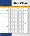Size chart showing dimensions and screw sizes for band width in mm and inches, including clamping range and part numbers.