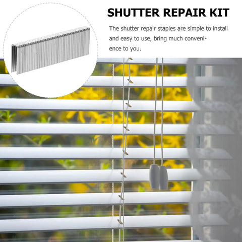 Tough As Nails Plantation Shutter Repair Staples Kit With Durable Louver Tabs For Vertical Blinds and Window Frames with louver tabs visible in window.