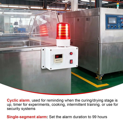 Industrial Cycle Timer Siren Alarm With Adjustable 5 To 115 Decibel Loud Volume And Auto Repeat Timing Plus Bright Red Flashing Warning Light installed in a factory.