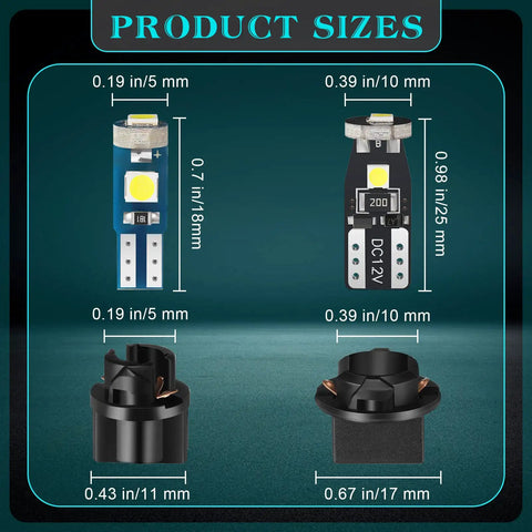 40 Piece T5 And T10 LED Bulbs Dash Lights Kit diagram showing bulb dimensions in millimeters with twist sockets