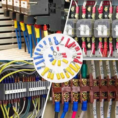 Multiple connections using the 840 Piece Insulated Wire Connectors Kit With Mixed Butt Ring Fork Spade Bullet Quick Disconnects, Crimp Terminals.