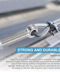 12 Pack M5 Shoulder Swing Eye Bolts 304 Stainless Steel Pro Grade Heavy Duty Full Thread Fisheye Eye Slip Hole Screws Rigging Hardware for lifting and securing projects silver tone installed view with cable attached