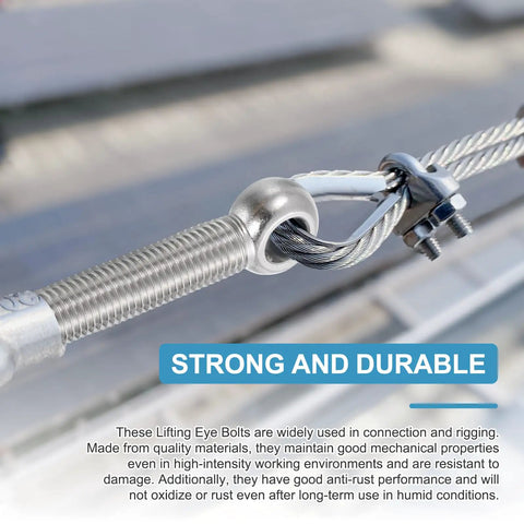 Close-up of Six Pack Of M5x20mm Shoulder Swing Eye Bolts Made From Tough 304 Stainless Steel for rigging with cables.