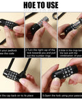 Set Of Six Six Inch Long Shackle Combination Padlocks With Resettable Four Digit Codes, shown in use with step-by-step guide.