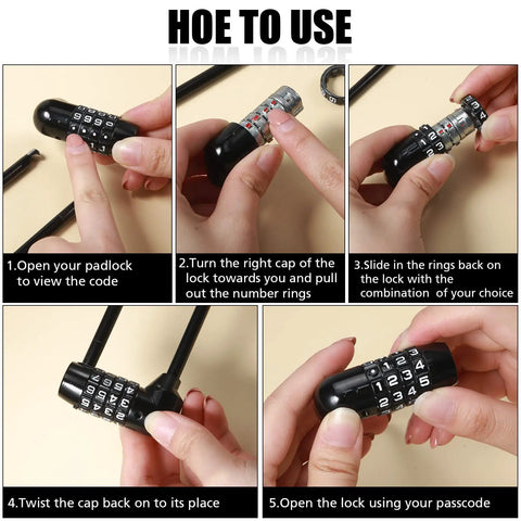 Step-by-step guide showing how to set code on 4 Pack 6 Inch Shackle Weatherproof 4 Digit Padlocks With Resettable Code.