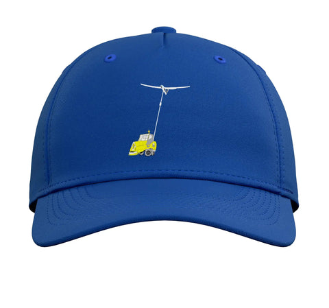 Adjustable Printed Baseball Hat For Aviation Nerds Featuring Sailplane Winch Launch Design Glider Flying Soaring Theme In Royal Blue