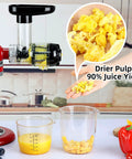 Masticating Juicer Attachment For Stand Mixers And Cuisinart SM50 Series Slow Cold Press Juicing No Fuss All In One For Fresh Celery Wheatgrass Carrots Apples Oranges Black showing juice extraction and pulp