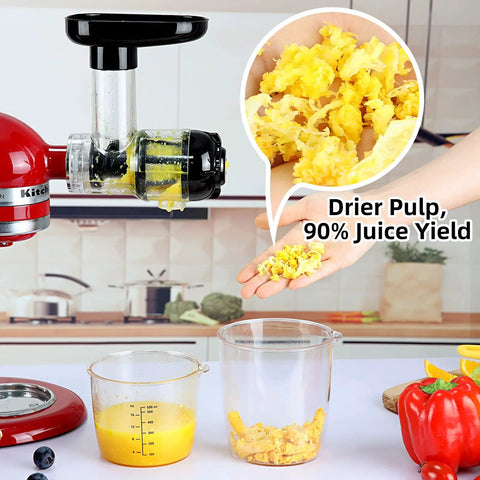 Masticating Juicer Attachment For Stand Mixers And Cuisinart SM50 Series Slow Cold Press Juicing No Fuss All In One For Fresh Celery Wheatgrass Carrots Apples Oranges Black showing juice extraction and pulp