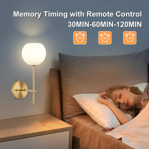 Gold Wireless Wall Sconces Set Of Two With Rechargeable Battery And Remote Features Three Tunable Color Temperatures Plus Twelve Rgb Modes For Chill Bedroom Or Hallway Ambience No Drills Needed And Super Fast Setup beside a sleeping person with soft light.