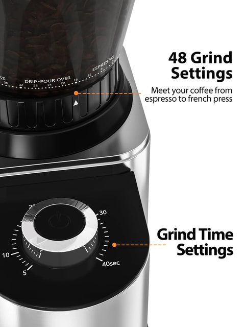 Conical Coffee Grinder For Home Use With 48 Grind Settings And Large Three Point Nine Ounce Capacity Stainless Steel Burr Mill