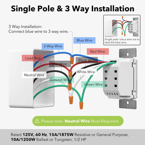 Wiring diagram for 7 Day Programmable In Wall Light Timer Switch With Blue Backlight Digital Indoor Timer For Single Pole And 3 Way Use.