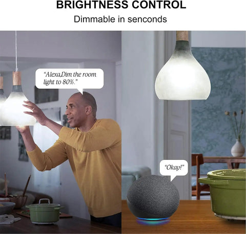 Man adjusting WiFi Smart LED Bulbs 100W Equivalent 1500 Lumen Dimmable A19 Daylight 5000K with Alexa command, smart speaker visible.