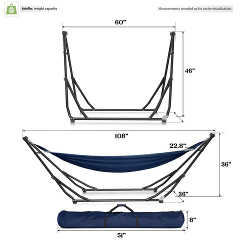 Dimensions of Hammock With Heavy Duty Steel Stand For Indoor And Outdoor Chill Sessions 600Lb Capacity Foldable 2 Layer Soft Polyester