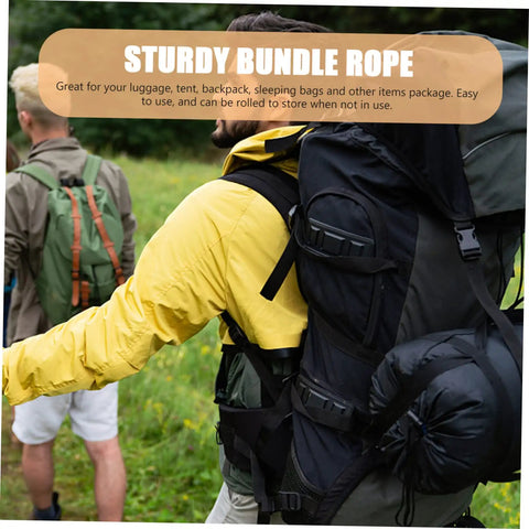 Two people hiking with large backpacks using sturdy bundle ropes to secure camping gear, visible in an outdoor setting