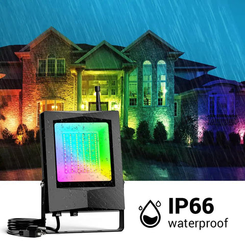 Outdoor RGB CW 20W LED Flood Lights 4 Pack With Bluetooth Mesh And App Control illuminating house façade in rain, IP65 waterproof
