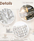 Modern Crystal Wall Sconce With Sparkling Crystal Drops Shade details showing K9 crystal, E12 bulb holder, and stainless steel frame.