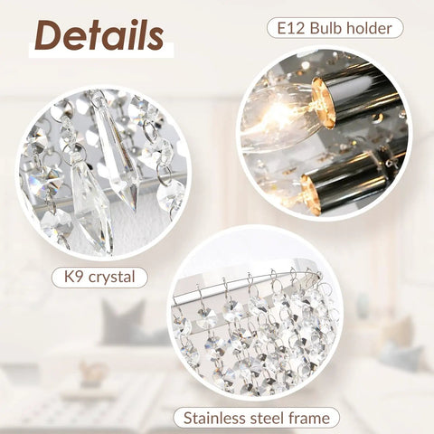 Modern Crystal Wall Sconce With Sparkling Crystal Drops Shade details showing K9 crystal, E12 bulb holder, and stainless steel frame.