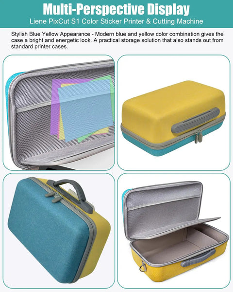 Built Like A Tank Hard Carrying Case Snug Fit For Liene Pixcut S1 Color Photo Sticker Printer And Cutting Machine With Adjustable Divider, blue and yellow design.