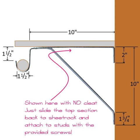 Heavy Duty Adjustable Closet Rod And Shelf Support Brackets diagram showing dimensions for chrome plated steel wall mounts.