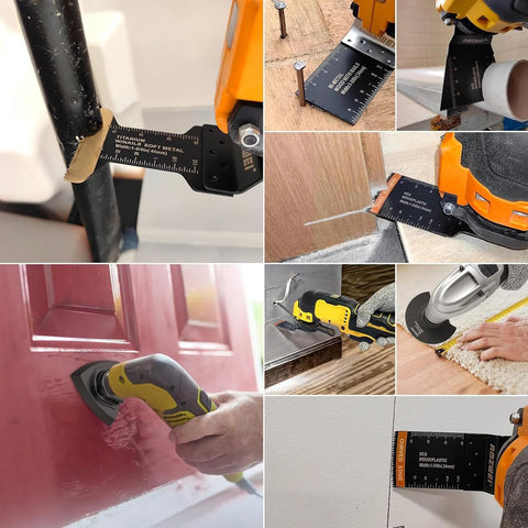 AMZWEI 190 titanium metal-wood oscillating tool blade kit with sandpaper, quick-release blades, shown in multiple views