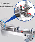 Automatic Pneumatic Liquid Filler Machine Horizontal Bottle Dosing Station Stainless Steel Frame showing clamp link for easy disassembly