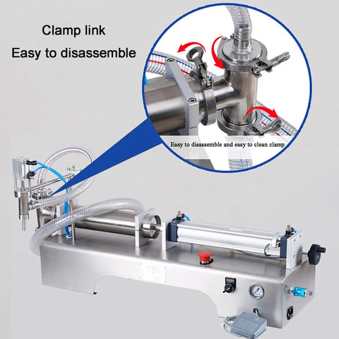 Automatic Pneumatic Liquid Filler Machine Horizontal Bottle Dosing Station Stainless Steel Frame showing clamp link for easy disassembly