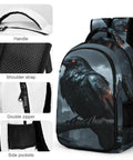 Dark Storm Castle Crow Printed Unisex Backpack With Large Capacity Durable Polyester Breathable Comfort Sturdy Zipper Ideal For School Travel And Everyday Use featuring crow design, handle, and double zipper.