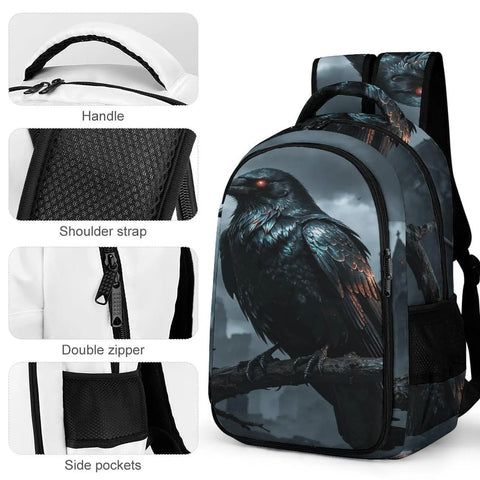 Dark Storm Castle Crow Printed Unisex Backpack With Large Capacity Durable Polyester Breathable Comfort Sturdy Zipper Ideal For School Travel And Everyday Use featuring crow design, handle, and double zipper.