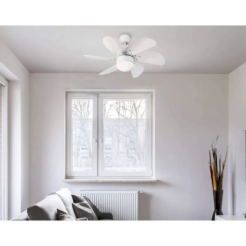 Turbo Swirl 30 Inch White Indoor Ceiling Fan With Dimmable LED Light Kit, opal frosted glass, in small room installation
