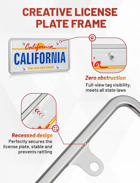 Diagram showing Chrome Polished Mirror License Plate Frame Built Tough Stainless Steel No Obstruction Tag Holder features