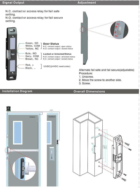 Diagram of Fire Emergency Door Electric Strike Push Rod Lock for Panic Bar Exit with 12V DC Magnetic Release, installation and dimensions shown