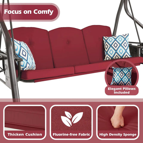 Close-up of wine red 3 Seat Outdoor Porch Swing With Stand And Canopy, features pillows, thick cushion, flourine-free fabric.