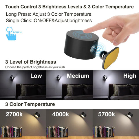 Illustration of Cordless Battery Powered LED Wall Sconce With Rechargeable Battery No Wires 360 Degree Rotating Magnetic Mount showing touch control.