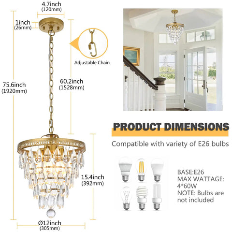 Crystal Chandelier For Dining Room Modern Vintage Gold Pendant Light Fixture With Four Lights dimensions and E26 bulb types
