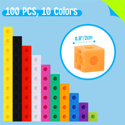 100 Piece Math Linking Cubes Set In 10 Bright Colors For Early Math, Counting, Building, And Creativity, Kid Friendly Blocks
