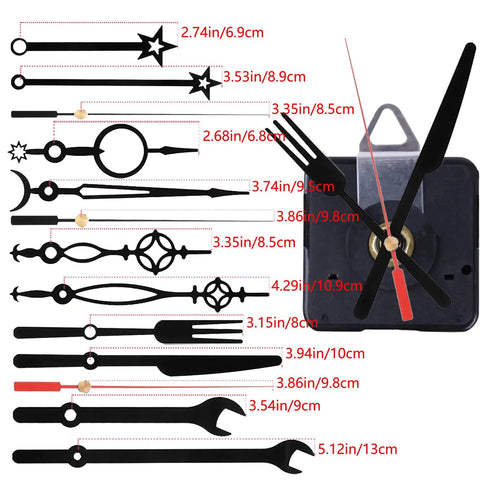 Clock hands in varied styles and sizes from 14 Styles Silent Non Ticking Wall Clock Movements Kit With Aluminum Clock Hands Replacement Parts For DIY Repairs Battery Operated Quartz Motor Clock Accessories In Black And Gold.