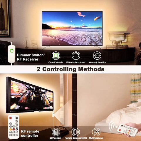 Cozy Warm White LED Strip Lights 32.8ft Dimmable Rope Light With RF Remote Control shown in living room and bedroom setup