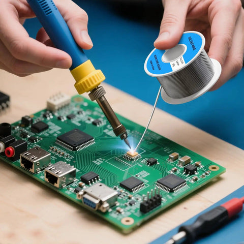 63/37 Tin Lead Rosin Core Solder Wire For Circuit Boards And Electrical Repairs, 0.8mm Diameter, in use on circuit board.