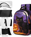 Halloween Black Cat Pumpkin Print Unisex Backpack With Large Capacity, showing black cat and pumpkin design, polyester material