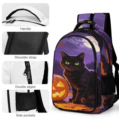 Halloween Black Cat Pumpkin Print Unisex Backpack With Large Capacity, showing black cat and pumpkin design, polyester material