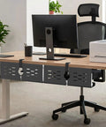 Two Pack 16 Inch Under Desk Cable Management Trays Expandable To 32 Inches No Drill Mount Cord Organizer in black on office desk