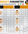 All-In-One 66 Piece Brass Pipe Fittings Kit With NPT Adapters Reducers Hex Bushings Nipples Couplings And Plugs chart