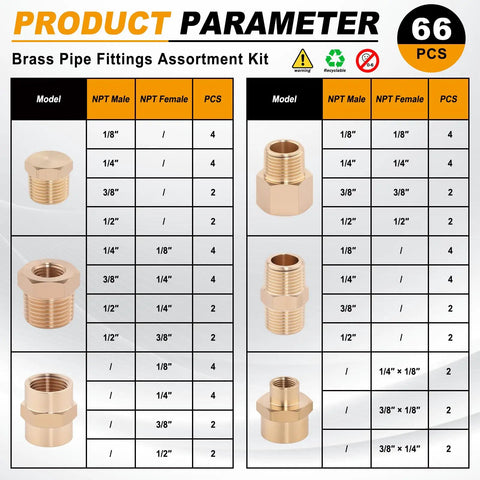All-In-One 66 Piece Brass Pipe Fittings Kit With NPT Adapters Reducers Hex Bushings Nipples Couplings And Plugs chart