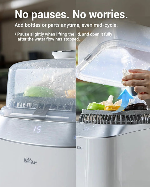 Bear Bottle Washer Pro; baby bottle sterilizer and dryer with transparent lid and stainless base, front and side views.