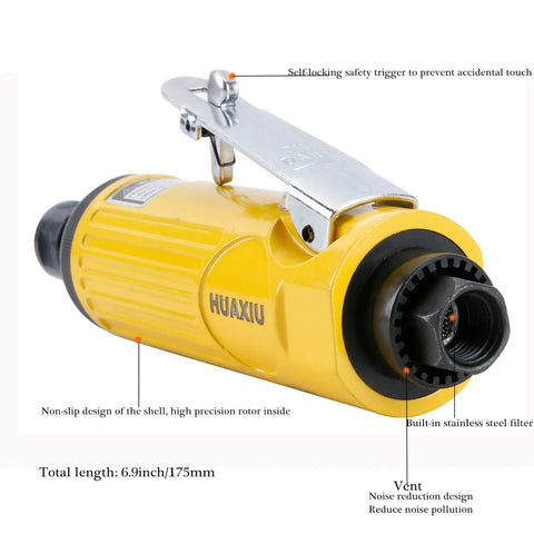 Compact Air Die Grinder With One Quarter And One Eighth Collets Grinds Out Lightning Speed At 22000 RPM with safety trigger and stainless steel filter.
