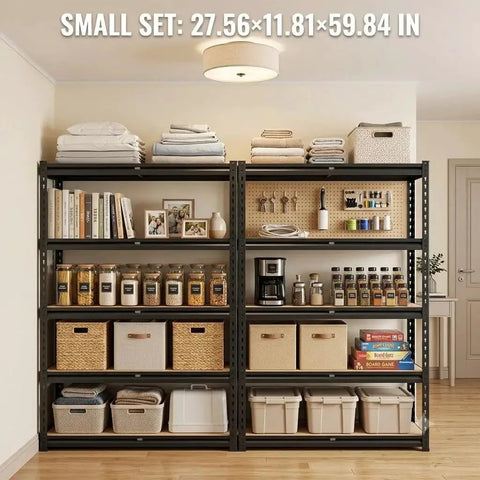 Heavy Duty 5 Tier Bolt Free Storage Shelving Rack 2 Pack Quick Snap Metal Shelves for organized home office and garage setup.