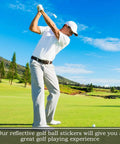 Golfer demonstrating swing on fairway with Golf Ball Reflective Stickers For Tracking And Swing Analysis, 300 Pcs Ball And Club Markers.